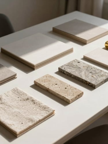 Wide expansive shot of a minimalist design studio desk with raw material samples, linen, stone, and brass under hard directional sunlight.
