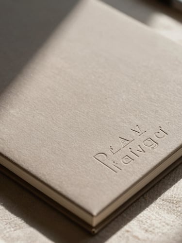 Close-up of premium embossed warm taupe stationery on textured linen fabric, sharp dramatic shadows from hard LA sunlight