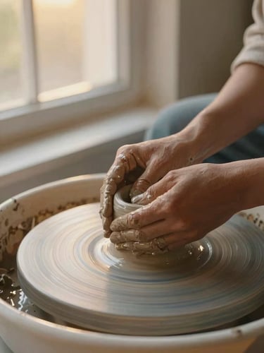 Close-up of hands shaping wet terracotta clay on a potter's wheel, soft golden-hour window light, warm earthy tones, 35mm film