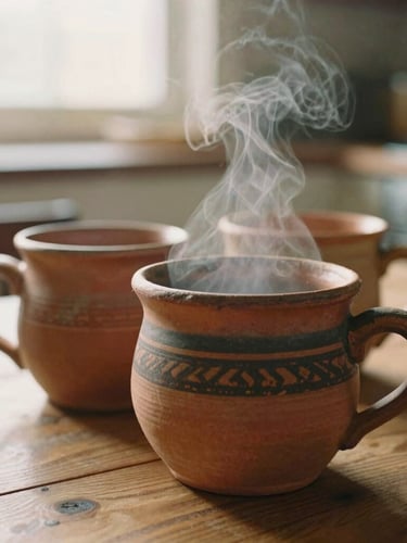 Close-up of three rustic terracotta mugs sitting on a wooden table, soft morning light, steam rising from one mug, cozy domestic kitchen scene, 35mm film