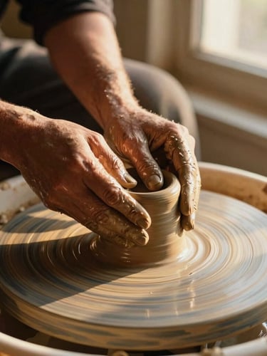 Close-up of potter's hands shaping wet terracotta clay on a spinning wheel, warm golden-hour window light casting soft long shadows, rich earthy tones, shallow depth of field, 35mm film style