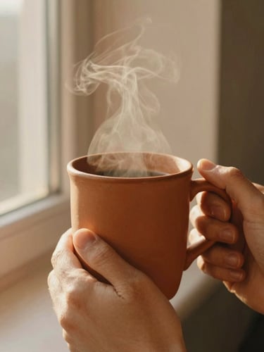 A close-up of a warm terracotta mug being held by two hands, soft golden-hour window light, steam rising gently, 35mm film.