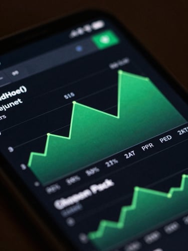 Macro shot of an Android device screen displaying a dark-mode financial dashboard with crisp green graphs, low-key studio lighting, sharp focus.