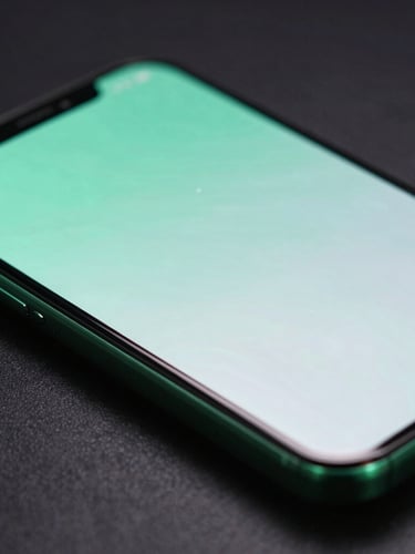 Macro close-up of a physical Android phone screen showing a smooth UI transition, sharp mint green edge-lights reflecting off the glass, low-key dark studio background.