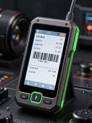 A rugged Android handheld terminal displaying a logistics interface with barcode scanning data, sharp green edge-lighting, dark technical background.
