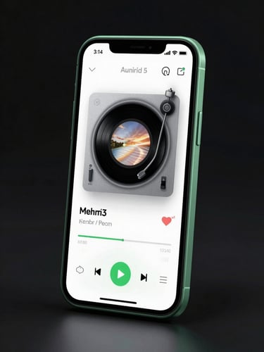 A modern Android phone showing a media player UI with sharp mint green accents, low-key studio lighting, dark background.