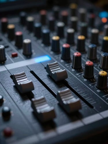 Tight close-up frame, left-bleed crop, a mixing console's channel faders and rotary knobs under deep-key studio lighting — a narrow beam of cold neon blue catches the top edges of the faders, everything below dissolving into near-total black, selective focus isolates two adjacent knobs in razor-sharp detail while the rest of the hardware trails into soft shadow