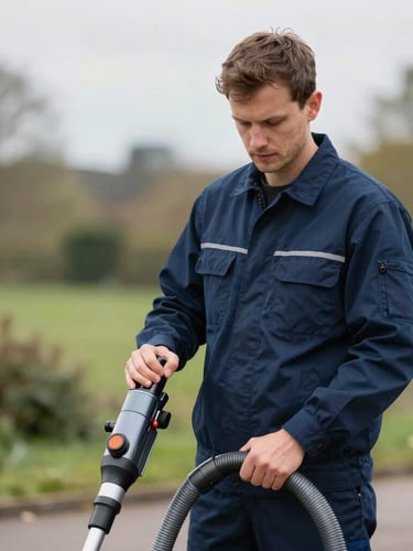 Portrait of a professional Squeak cleaner in a smart, dark blue uniform, holding specialized vacuum equipment, bright natural overcast British daylight, focusing on work.
