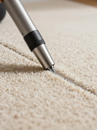 A close-up shot of a professional extraction vacuum nozzle pulling water from a thick, cream-colored wool carpet, leaving a sharp, clean line, bright natural daylight