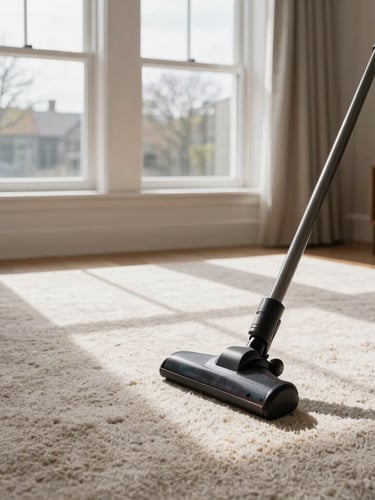 A pristine, sunlit living room in Solihull with sharp vacuum lines on a thick wool carpet, natural overcast British daylight filtering through clean windows.