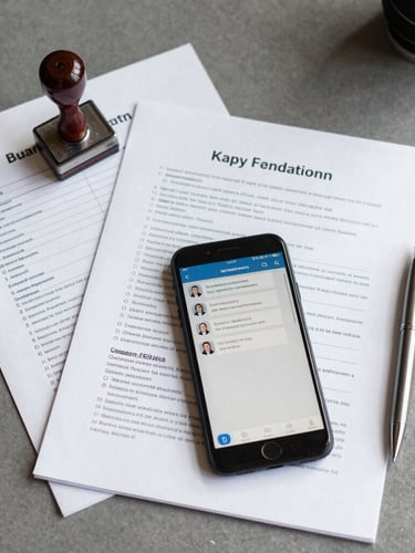 Clean overhead flat-lay of organized administrative documents, an official metal stamp, a smartphone displaying a secure chat, and a sleek pen on a slate-gray desk under bright natural light.