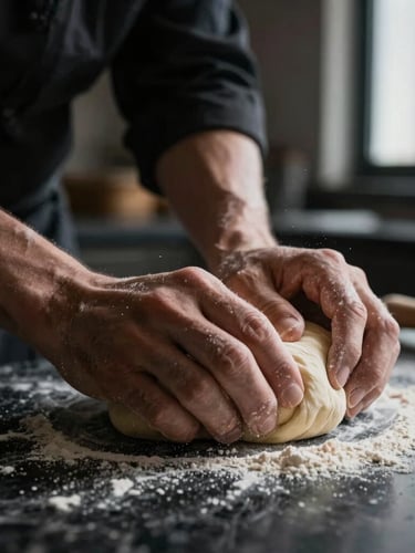 Macro close-up of focused chef hands kneading dough on a dark marble counter under sharp window light, flour visible in the air.