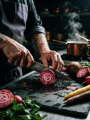 Dramatic side-lit chiaroscuro shot of a chef's hands precisely slicing raw heritage vegetables on a dark slate surface, steam rising subtly in the background, 35mm