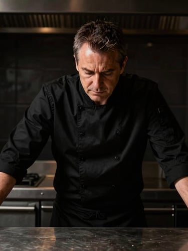 Chiaroscuro portrait of a seasoned professional chef in a clean black uniform, warm side lighting, looking down at a steel counter, rich textures, 35mm.