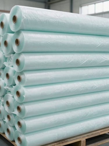 Straight-on medium shot of large rolls of cold spandex viscose fabric stacked neatly in a bright, clean textile warehouse, soft teal accents, professional lighting