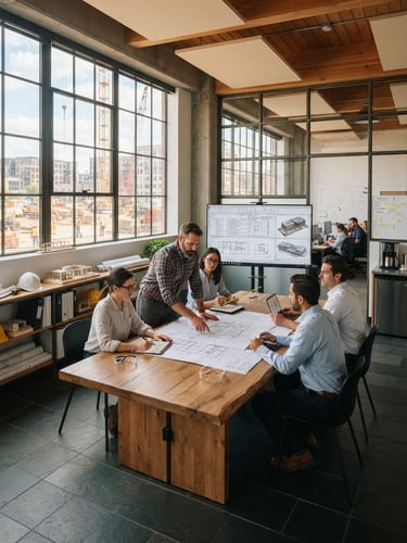 Wide shot of a modern construction office, a team of advisors reviewing blueprints and digital plans on large monitors, natural daylight, industrial slate and warm wood tones, sharp focus, architectural framing, 35mm.