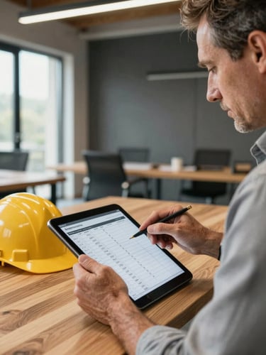 Medium close-up of a seasoned construction advisor, mid-40s, reviewing a detailed project schedule on a tablet in a modern, well-lit office, a hard hat resting on a nearby desk, natural daylight, industrial slate and warm wood tones, sharp focus, architectural framing, 35mm.