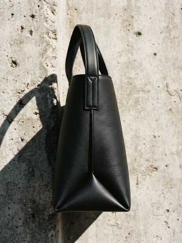 Extreme close-up side profile of a sculptural black leather tote bag resting against raw concrete, sharp direct light casting a hard geometric shadow to the left, deep obsidian tones, 35mm editorial