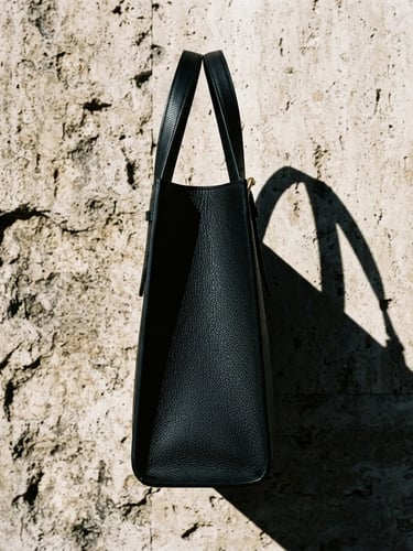 Stark, high-contrast side-profile of an architectural black leather bag cast against a raw travertine stone backdrop, sharp direct sunlight, deep graphic shadows, 35mm