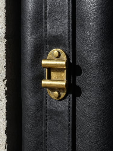 Extreme close-up of thick obsidian leather grain and heavy-gauge brass hardware, sharp direct sunlight, deep shadows, 35mm photography.