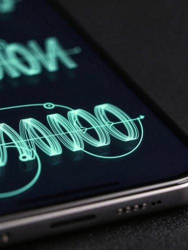 Extreme close-up macro shot of a flagship Android screen in a dark studio, displaying a complex physics wireframe with glowing cyber-mint vector lines tracing a scroll gesture. Low-key dramatic lighting with subtle mint edge-lights reflecting off the physical glass of the screen.