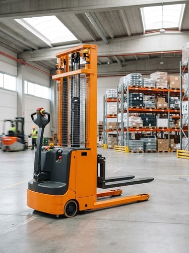 Crisp industrial photography, bright warehouse daylight, a heavy-duty electric pallet stacker positioned in a clean industrial facility, safety orange steel frame, sharp focus