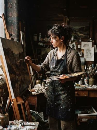 Moody cinematic film portrait of an artist in a dimly lit studio, natural window light casting rich shadows, warm organic tones, 35mm anamorphic lens.