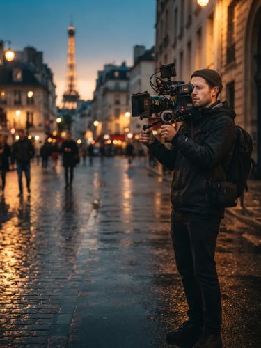 Cinematic wide shot of a lone filmmaker holding an anamorphic camera at dusk, soft golden light reflecting on wet asphalt, rich shadow depth