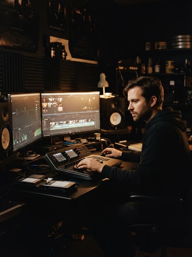Moody cinematic film photo of an editor working in a dimly lit studio, warm soft glow from a monitor illuminating their face, rich shadows, 35mm anamorphic lens