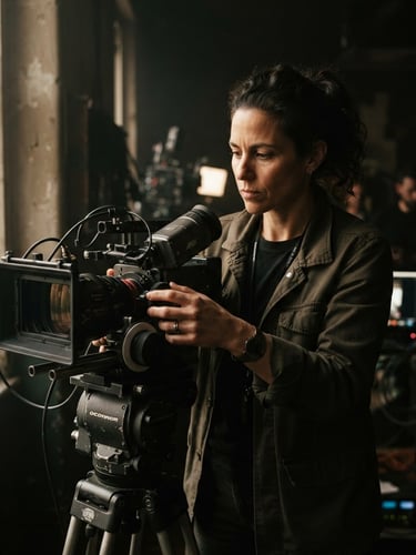 Cinematic portrait of a director adjusting a camera lens, dramatic low-key window light, rich shadows, warm organic tones, 35mm anamorphic lens, authentic unposed moment