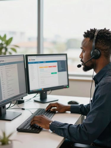 Bright, natural daylight office in Accra with professional Ghanaian CX specialists wearing modern headsets, working on dual-monitor setups displaying modern ticketing dashboards.