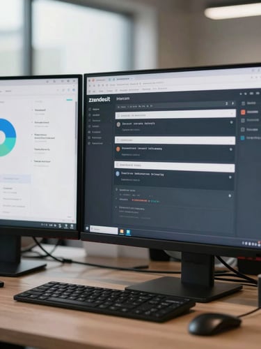 A close-up of a modern dual-monitor setup displaying Zendesk and Intercom ticketing dashboards in a bright, daylight-filled office.