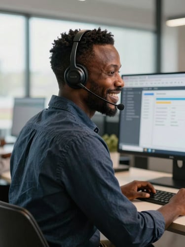 A professional Ghanaian customer success specialist wearing a modern headset, smiling in a bright, daylight-filled modern office in Accra, dual-monitor setup with ticketing software in the background.