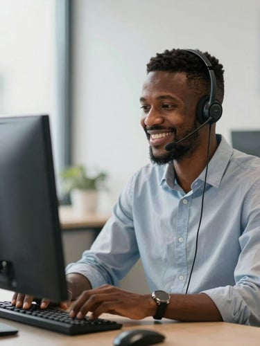 A professional Ghanaian customer support specialist wearing a modern headset, smiling warmly while looking at a dual-monitor setup in a bright Accra office