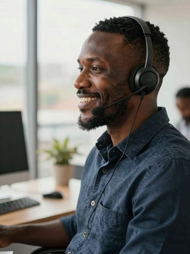 A professional Ghanaian customer success specialist wearing a modern headset, smiling warmly in a bright, sunlit Accra office, natural daylight, medium close-up.