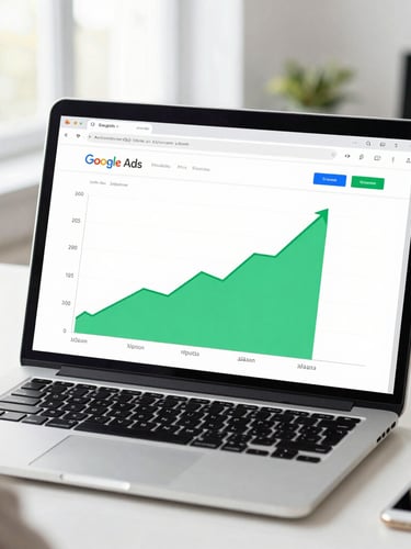 Over-the-shoulder shot of a modern laptop screen displaying a clean Google Ads dashboard with green upward trending charts, bright high-key commercial photography, clean office daylight, sharp focus