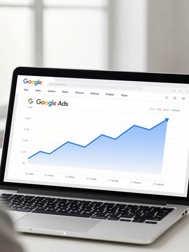 Over-the-shoulder shot of a modern laptop screen displaying clean Google Ads dashboard with upward trending line charts, bright clean studio lighting