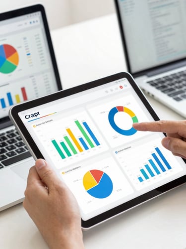 A close-up of a professional analyzing clean analytics dashboards on a tablet next to a laptop, bright high-key lighting