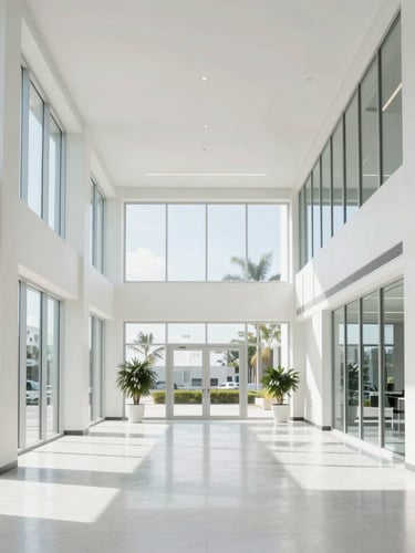 Wide architectural shot of a bright, sunlit South Florida office lobby, high-key natural light, clean minimalist aesthetic, 35mm lens