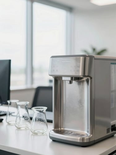 A close-up of condensation on clean glassware next to an integrated stainless steel water dispenser in a bright, sunlit South Florida workspace