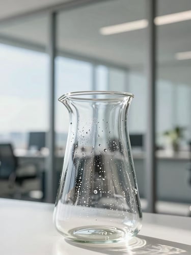 Close-up of condensation on clean glassware under bright, natural Florida sunlight, architectural office background, crisp reflections