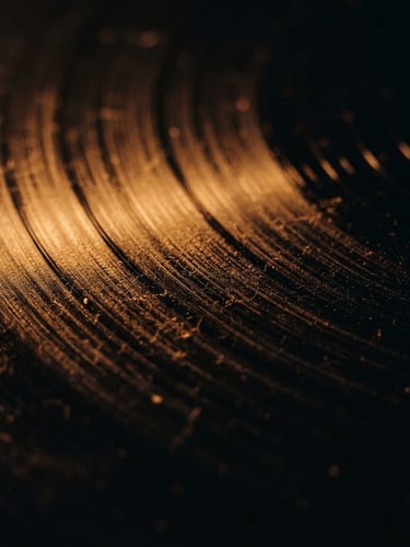 Macro close-up of textured vinyl grooves with warm tungsten side-lighting, dust particles visible in the light beam, rich dark tones with amber highlights, 35mm film grain