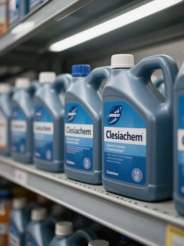 Close-up of Clesiachem lubricant containers lined on metal industrial shelving in a warehouse facility, cool fluorescent overhead lighting, blue-toned labels visible, shallow depth of field emphasizing product clarity