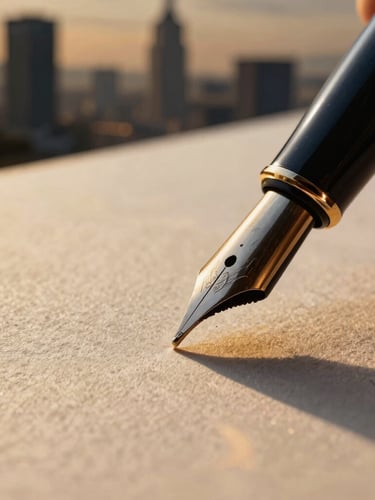 Macro close-up of a luxury fountain pen tip gliding over heavy textured cotton paper, warm golden hour light casting long shadows, deep obsidian tones.
