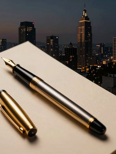Dramatic close-up of a high-end gold fountain pen resting on heavy cotton paper, dark obsidian background, sharp low-key lighting highlighting metallic textures