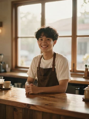 Warm portrait of a young Vietnamese barista smiling naturally behind a wooden bar counter, soft golden-hour window light, organic tones