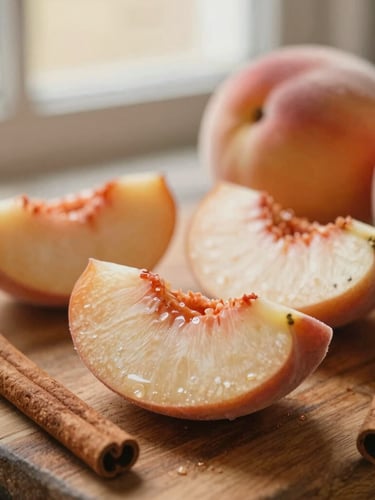 Close-up of fresh organic peach slices and cinnamon sticks on a rustic wooden board, soft diffused morning light, warm earthy tones, shallow depth of field