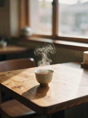 Warm editorial photography of a sunlit wooden table in a cozy tea lounge, steam rising gently from a ceramic cup, soft golden-hour window light, shallow depth of field, 35mm film