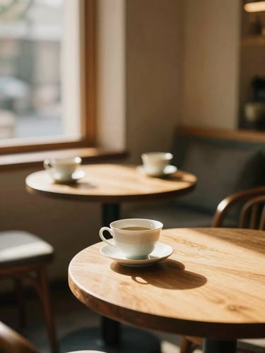Cozy sunlit corner of a premium tea lounge, warm golden-hour light streaming through a window, soft shadows on wooden tables, elegant ceramic teacups, shallow depth of field, 35mm film