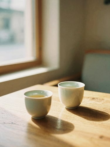 Cozy sunlit corner of a premium tea lounge, warm golden-hour light streaming through a window, ceramic cups on a wooden table, soft cream and sage green accents, shallow depth of field, 35mm film